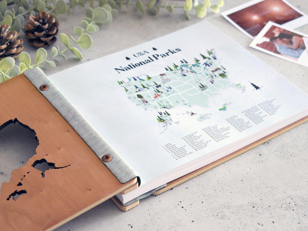 USA National Park Map Adventure Book, National Park Sign, Wooden National Parks Gift, National Park Photo Album Travel Journal Gift for him