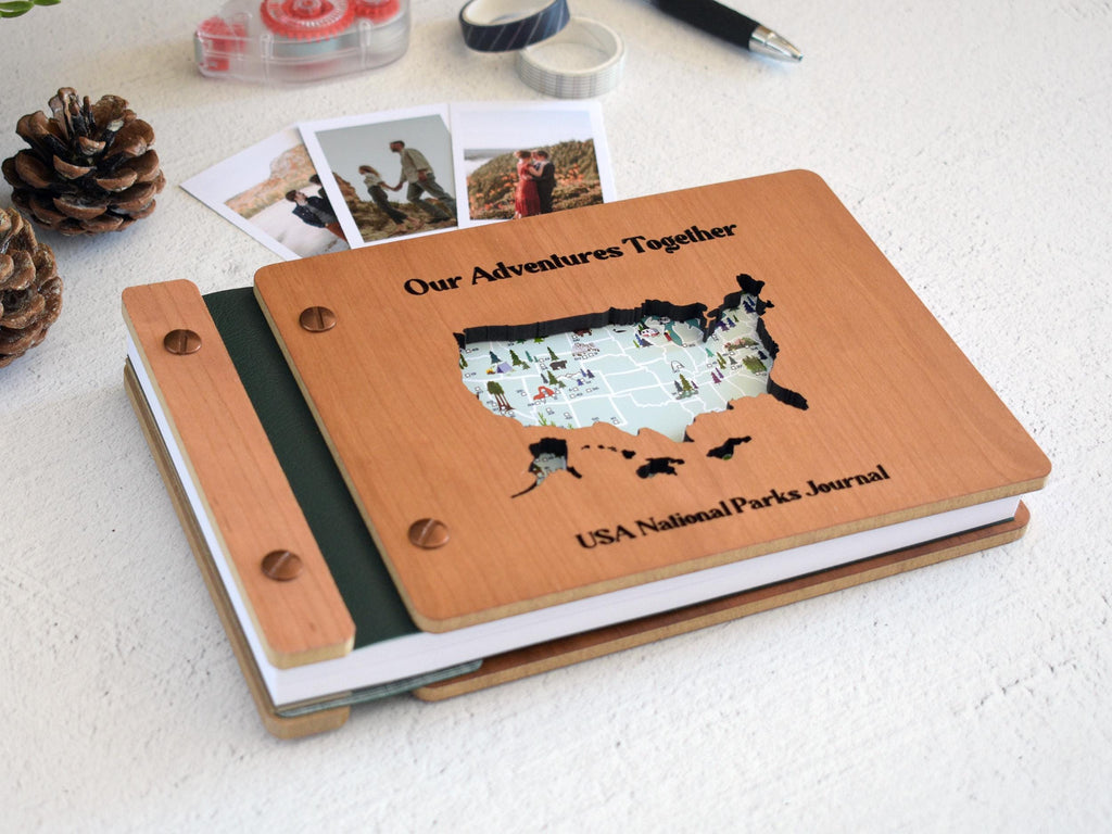 USA National Park Map Adventure Book, National Park Sign, Wooden National Parks Gift, National Park Photo Album Travel Journal Gift for him