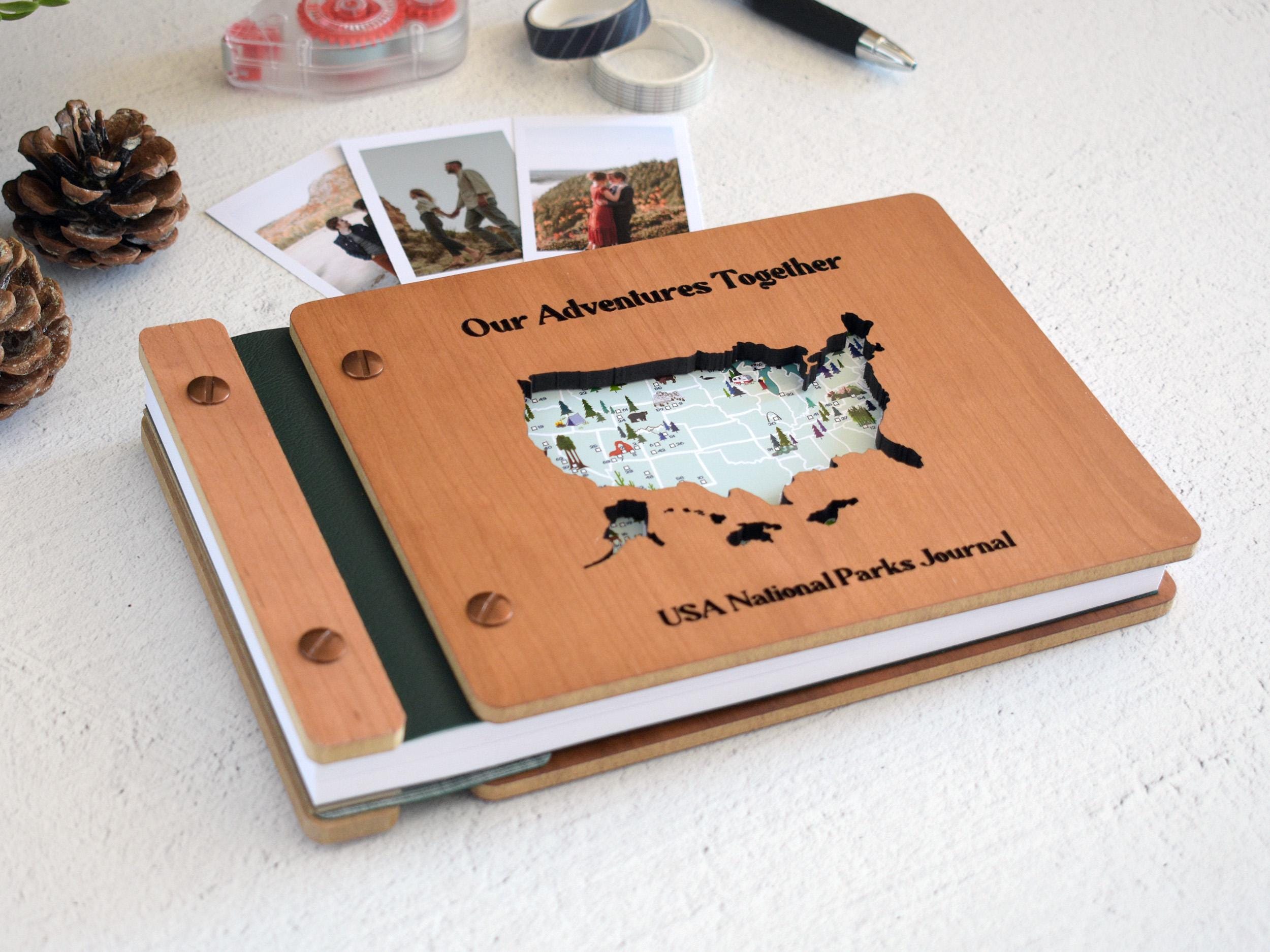 USA National Park Map Adventure Book, National Park Sign, Wooden National Parks Gift, National Park Photo Album Travel Journal Gift for him