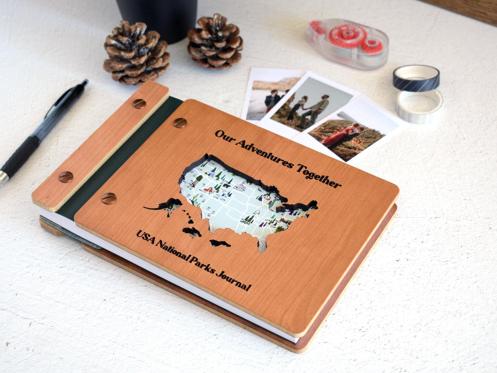 USA National Park Map Adventure Book, National Park Sign, Wooden National Parks Gift, National Park Photo Album Travel Journal Gift for him