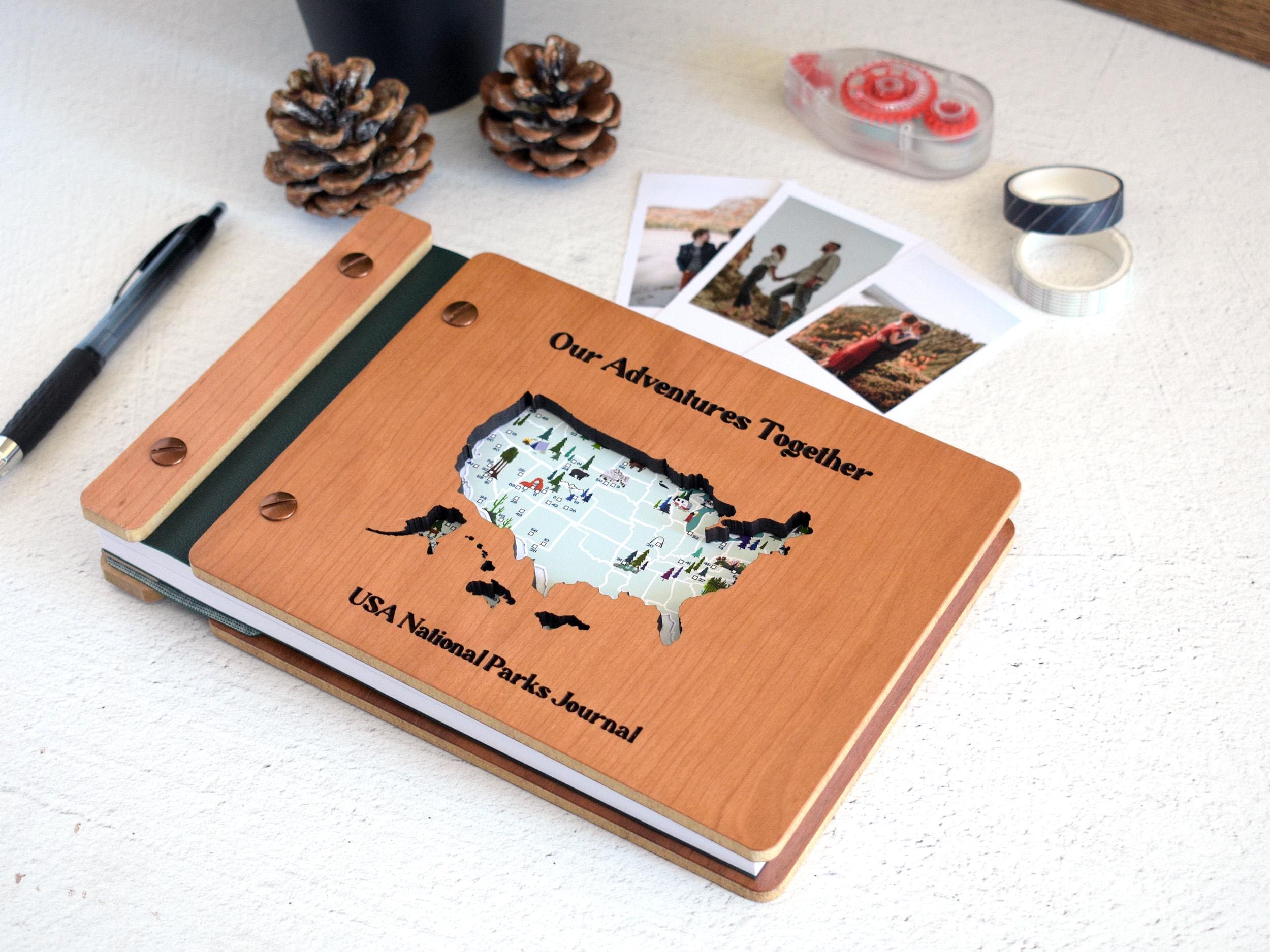 USA National Park Map Adventure Book, National Park Sign, Wooden National Parks Gift, National Park Photo Album Travel Journal Gift for him