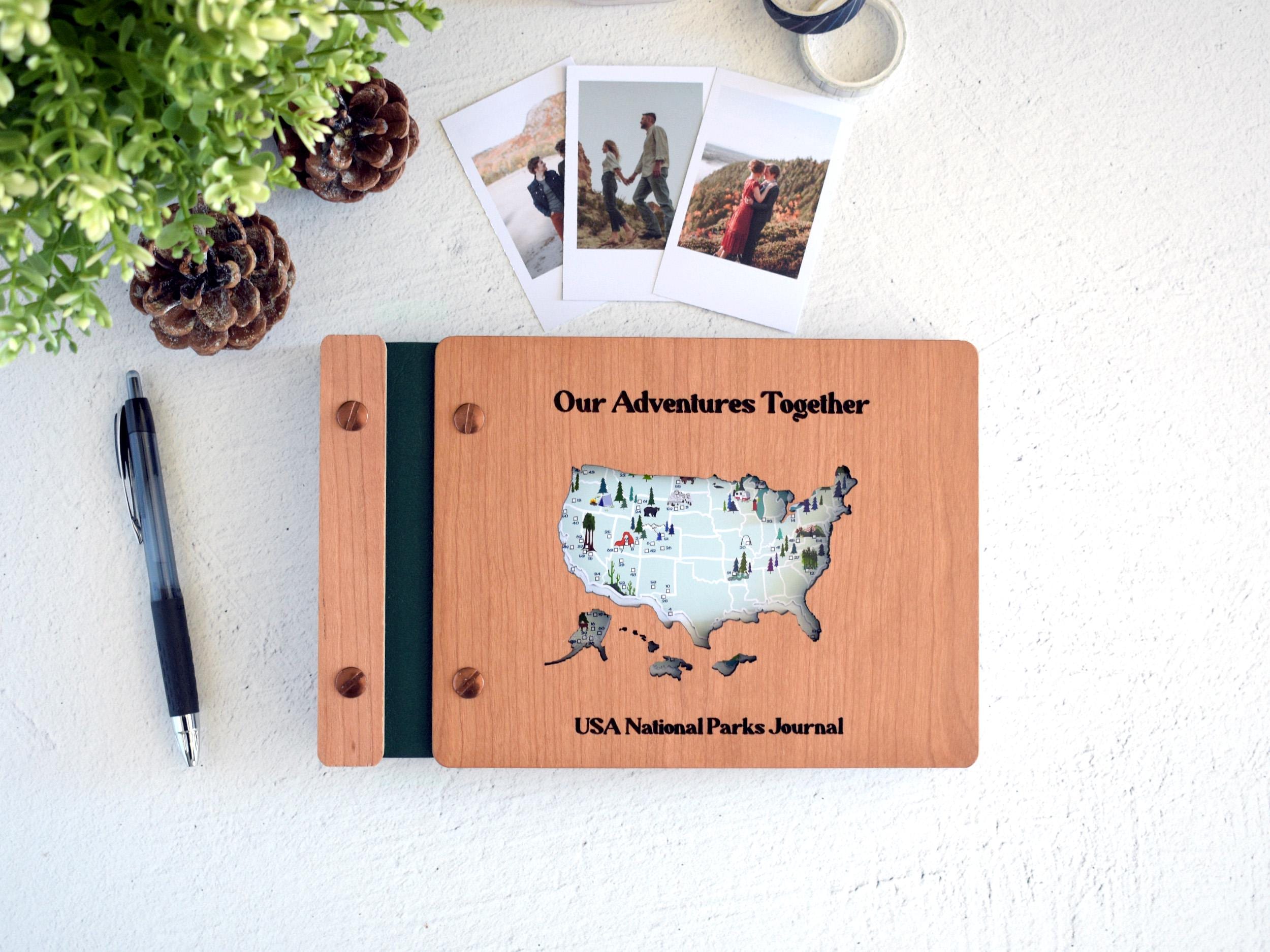 USA National Park Map Adventure Book, National Park Sign, Wooden National Parks Gift, National Park Photo Album Travel Journal Gift for him