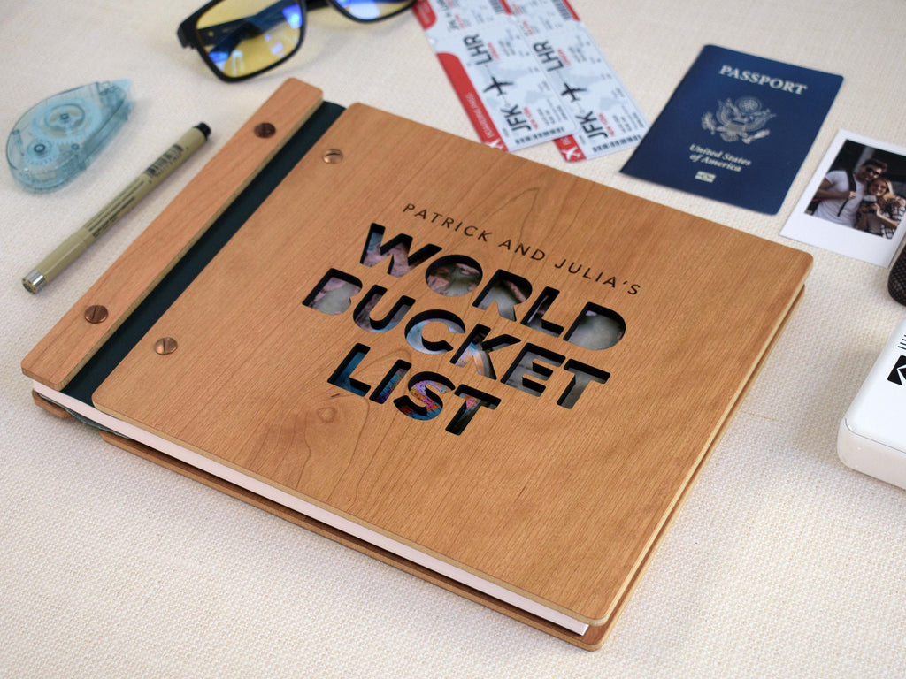World Bucket List Adventure Book, Personalized Travel Scrapbook, Unique Valentines Gift, Couple Anniversary Gift for her or him